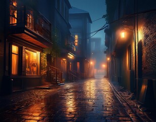 Fototapeta premium back street alley with old city houses in rain at night ai empty dark alleyway
