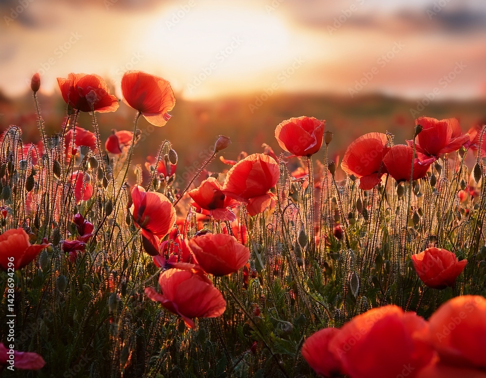 Poster beautiful red poppies blooming in a field with soft light shining through the petals creating a magi
