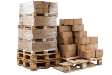 Stacked Cardboard Boxes on Wooden Pallets in Warehouse Setting