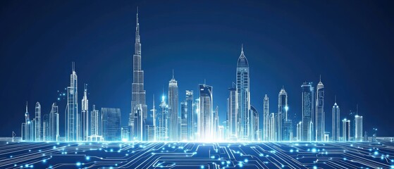 Skyline of a modern city with digital lines in the foreground.