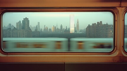 View of the New York City skyline from a train window.
