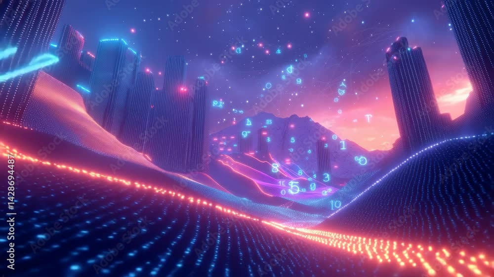 Aufkleber explore a vibrant digital landscape of glowing code, flowing data streams, and illuminated geometric