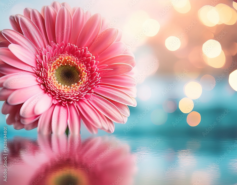 Poster close up of a pink gerbera flower in soft focus with a bokeh water background copy space image place