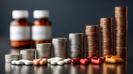 Stacked Coins and Medicine Bottles Depicting Health and Wealth Concepts