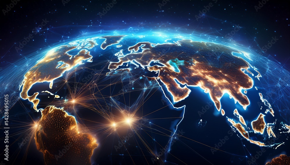 Poster brilliant illuminated view of the world showing energy networks overlaid on a dark starry background