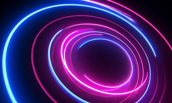 Rotating neon circles with blue and purple glowing effects set against pitch-black background made with Generative AI technology