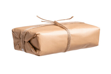 Brown Kraft Paper Wrapped Package with String Tie on White Background