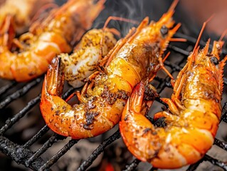 Local seafood vendor grilling whole shrimp over hot coals, smoky and aromatic