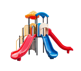 A children's playground in a garden, featuring a multi-level slide play set with red and blue colors, set against on Png Format and Transparent Background
