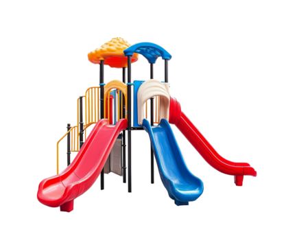 A children's playground in a garden, featuring a multi-level slide play set with red and blue colors, set against on Png Format and Transparent Background