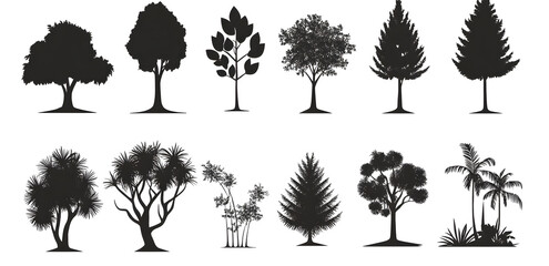 A vector set showcases black silhouette illustrations of various trees, including pine and oak, embodying the essence of nature and forest design