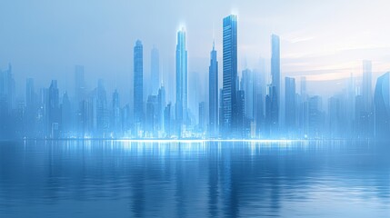 Obraz premium Futuristic cityscape with towe skyscrapers and sleek modern architecture reflecting on calm water under a clear blue sky with soft sunlight