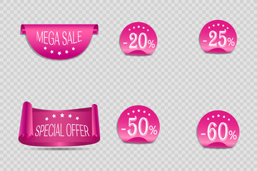 Sticker set, big sale and discounts. Stickers of offers and percentages.