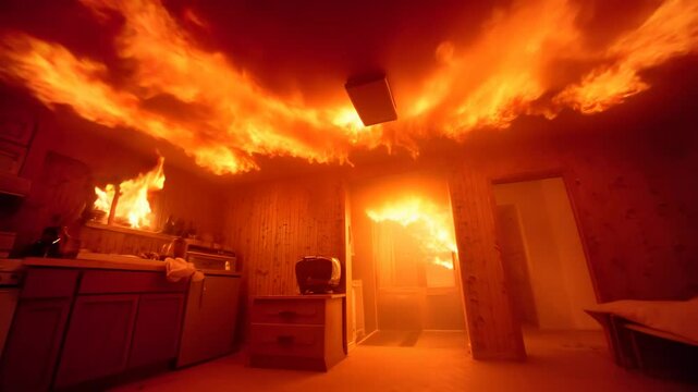 Kitchen fire engulfs entire room in intense blaze, consuming everything in a terrifying flashover inferno.

