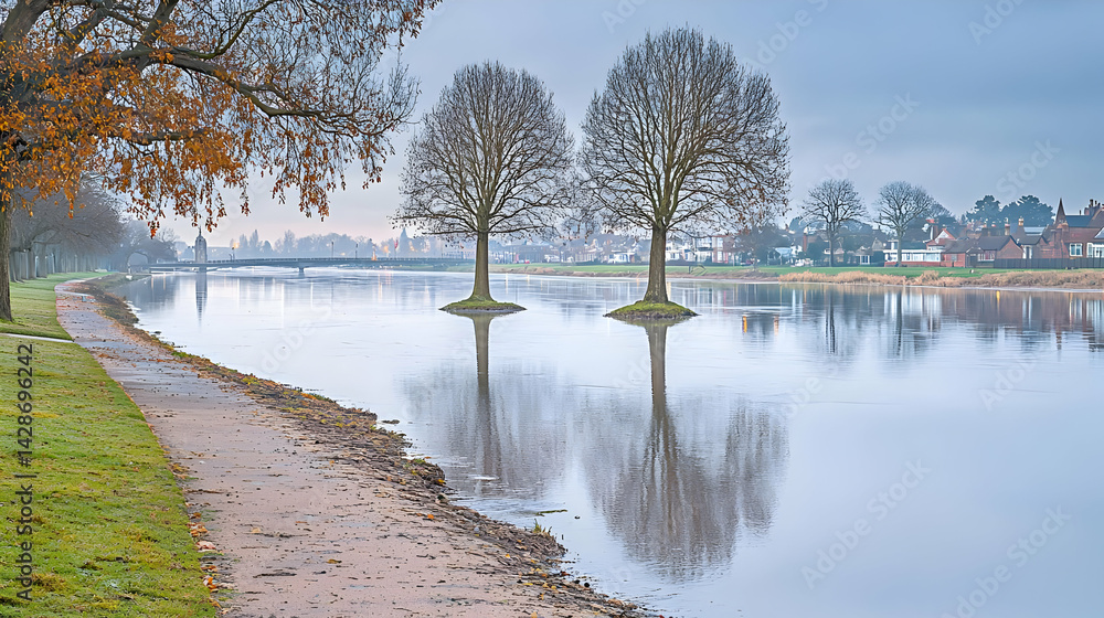 Poster panoramic view of calm river with trees reflection