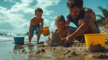 Building sandcastles on a sunny beach with children enjoying a fun day by the sea, creating lasting summer memories and lively family interactions
