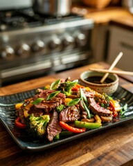 Stir-fried beef and vegetables with colorful peppers served in a cozy kitchen setting