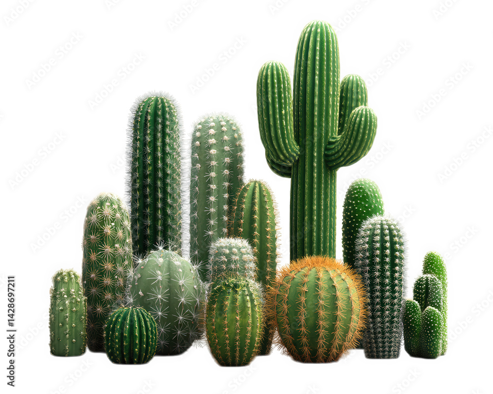 Poster cluster of various cacti different shapes and sizes, showcasing their unique textures and colors, cr