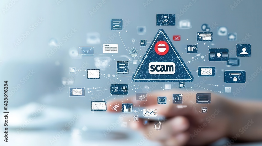 Poster digital warning sign with a scam alert and various cybersecurity related icons representing the risk