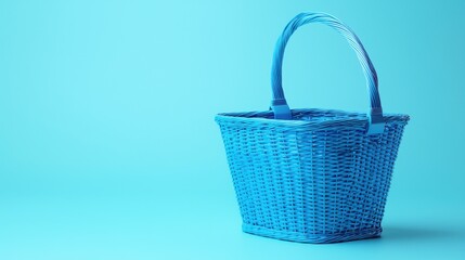 Obraz premium Bright Blue Woven Basket with Handle on Smooth Blue Background Perfect for Storage, Shopping, and Home Organization Decor
