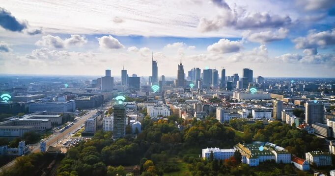 Timelapse of Warsaw cityscape with wifi symbols overlayed, perfect for techrelated designs, travel blogs, or online mapping services visuals. Trendy and informative.