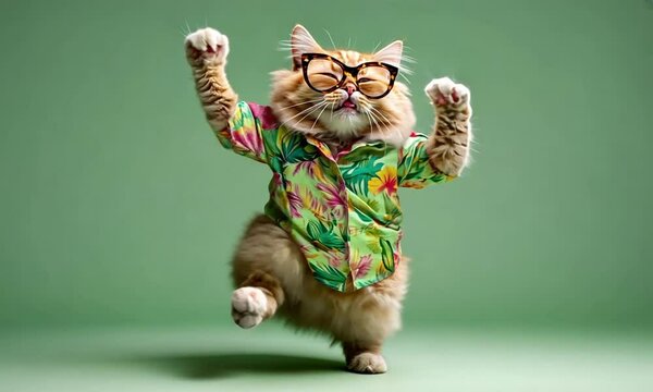 Playful cat with stylish glasses and colorful shirt dancing joyfully on a simple green background made with Generative AI technology