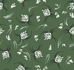 Minimal Botanical Seamless Pattern — White Leaf Clusters on Olive Green Brushstroke Background
