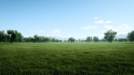 Vast Green Meadow Under Sunny Blue Sky With Trees And Distant Hills