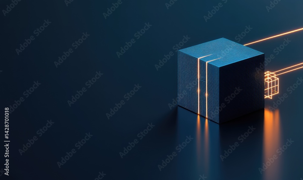 Aufkleber glowing lines intersect a dark cube on a reflective surface