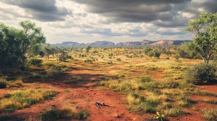 Naklejka premium Vast Australian outback landscape with red earth, sparse vegetation, and distant mountains under a cloudy sky.