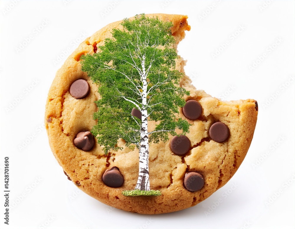 Aufkleber chocolate chip cookie with bitessummer green birch tree of isolated cutout object on white backgroun