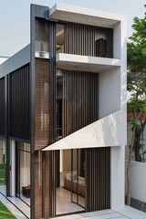 Fototapeta premium Modern architectural facade a study in contrasts materials and light