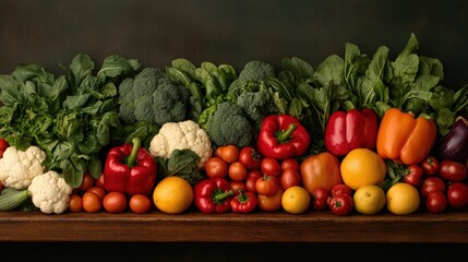Vibrant Display of Fresh Vegetables and Fruits Featuring Broccoli, Spinach, Tomatoes, Peppers, Cauliflower, and Citrus on a Wooden Surface