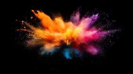 vibrant explosion of colorful powder creates stunning visual effect against black background, evoking sense of energy and creativity. bright hues of orange, pink, purple, and blue blend