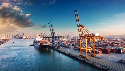 Fototapeta premium bustling port with stacked containers new cars cranes and scenic cityscape showcasing vibrant global shipping and logistics activity ideal for themes of commerce transportation and urban