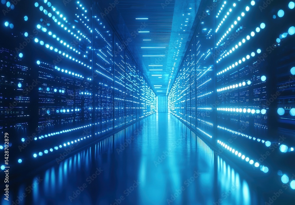 Poster bright blue illuminated servers line a high-tech hallway, creating a symmetrical and futuristic digi