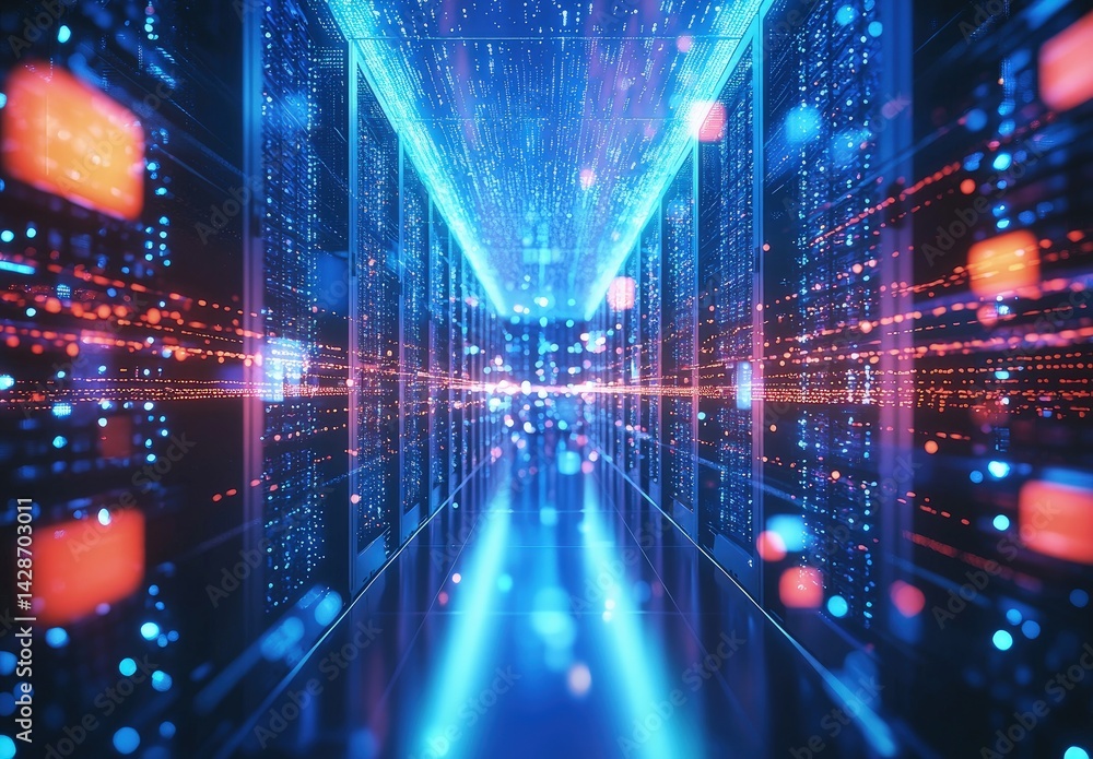 Poster High-tech server room with glowing data streams and vibrant blue and red neon lights, symbolizing digital flow. Ideal for AI, big data, cloud, or futuristic tech visuals