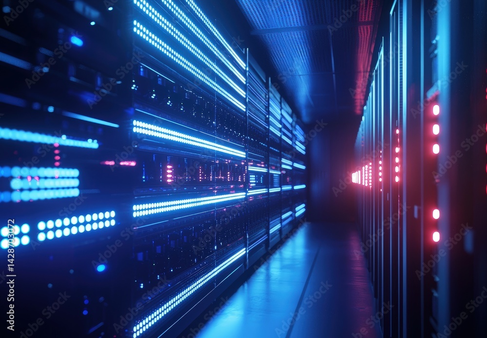 Poster Rows of illuminated servers in a futuristic corridor glowing with blue and red lights. Ideal for tech infrastructure, data centers, and cloud computing themes