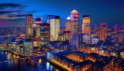 Naklejka premium canary wharf at night illuminated financial district skyline in london uk generative ai