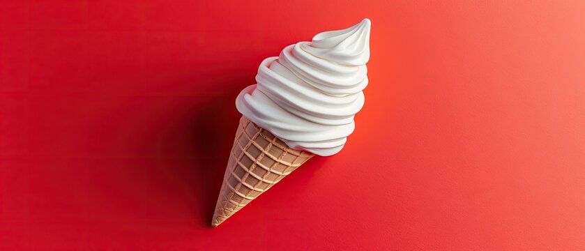 White soft serve ice cream cone on red background.