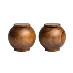 A 2D front view of a pair of wooden salt and pepper shakers, round classic design, visible grain texture