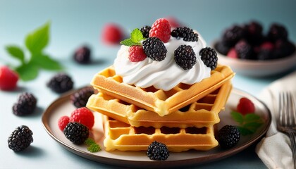 crispy golden waffles with sweet blackberry raspberry and fluffy whipped cream