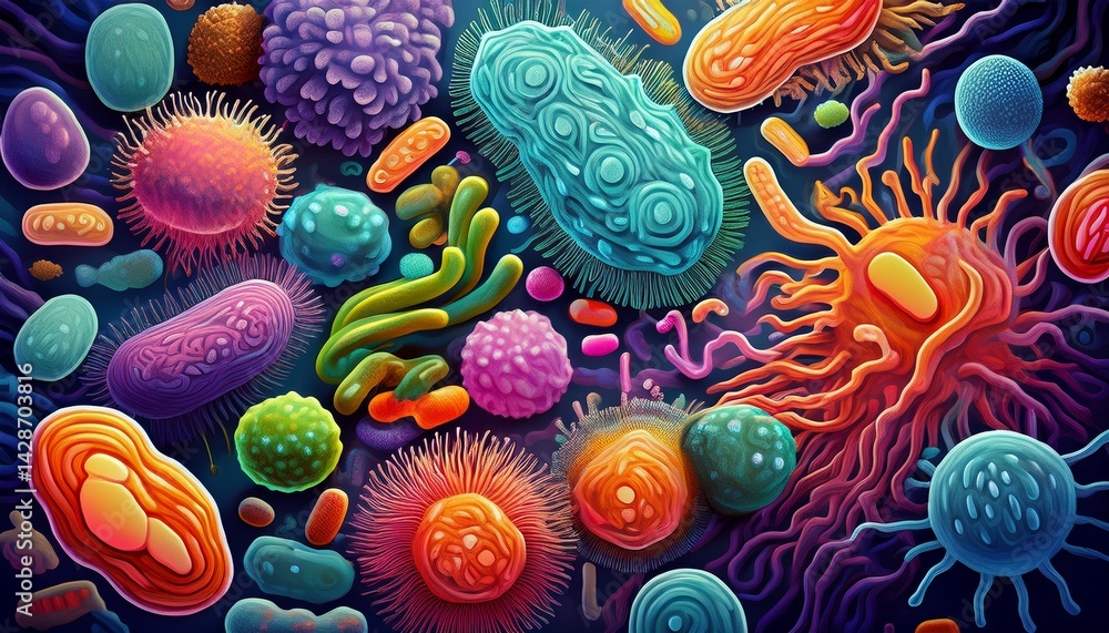 Poster colorful bacteria in a microscopic world showcasing diverse shapes and structures in a vibrant scien