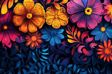 Vibrant floral mandala design. Intricate symmetrical patterns in orange, yellow, pink & blue on a dark background. Ideal for vibrant art projects and festive designs.