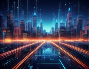 Obraz premium cybernetic cityscape illuminated by digital data streams symbolizing ai driven urban infrastructure and the future of smart cities