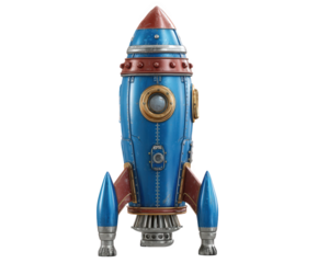 vintage rocket with space themed design, featuring blue metallic body, red accents, and intricate details. This whimsical rocket evokes sense of adventure and exploration