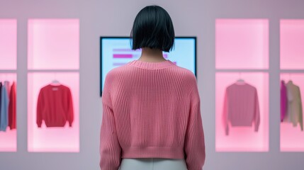 Woman using futuristic ai-powered product recommendation interface in retail store