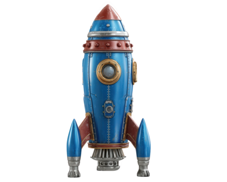 vintage rocket with space themed design, featuring blue metallic body, red accents, and intricate details. This whimsical rocket evokes sense of adventure and exploration