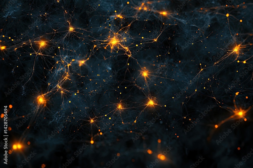 Poster intricate neural network visualization with glowing connections on dark background