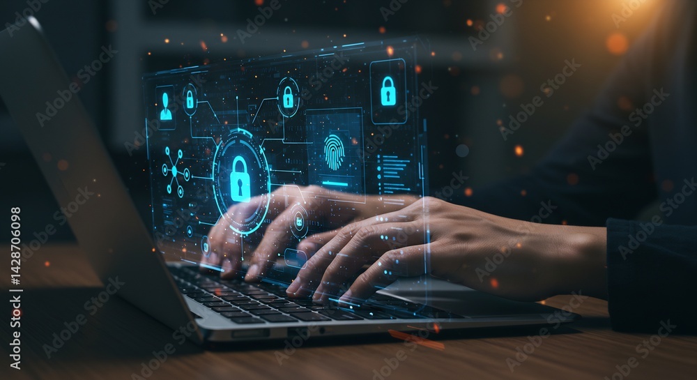 Poster secure online data protection: cybersecurity and privacy on laptop with futuristic interface